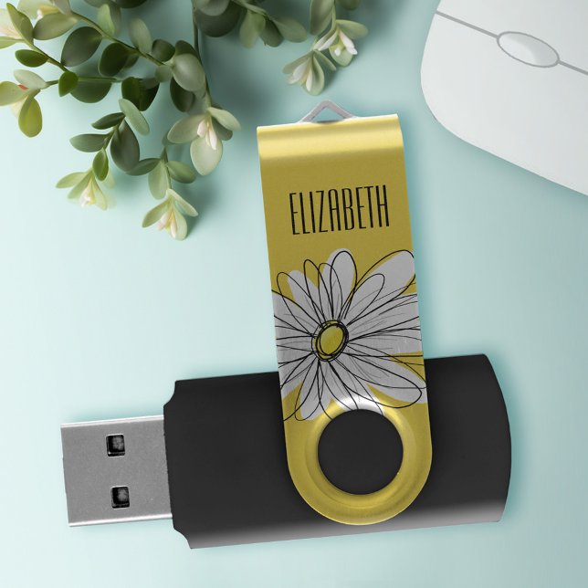 Yellow and White Whimsical Daisy with Custom Text USB Flash Drive (Personalized USB Flash Drive)
