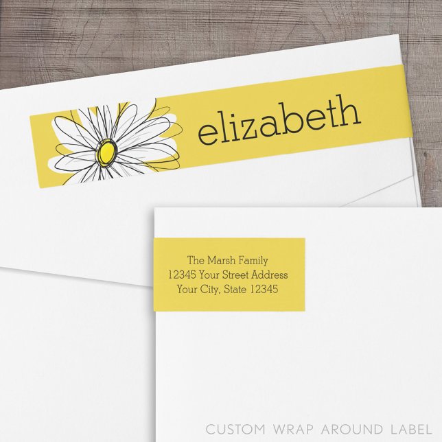 Yellow and White Whimsical Daisy with Custom Text Wrap Around Label (Custom Return Address Label with Wrap Around Feature)
