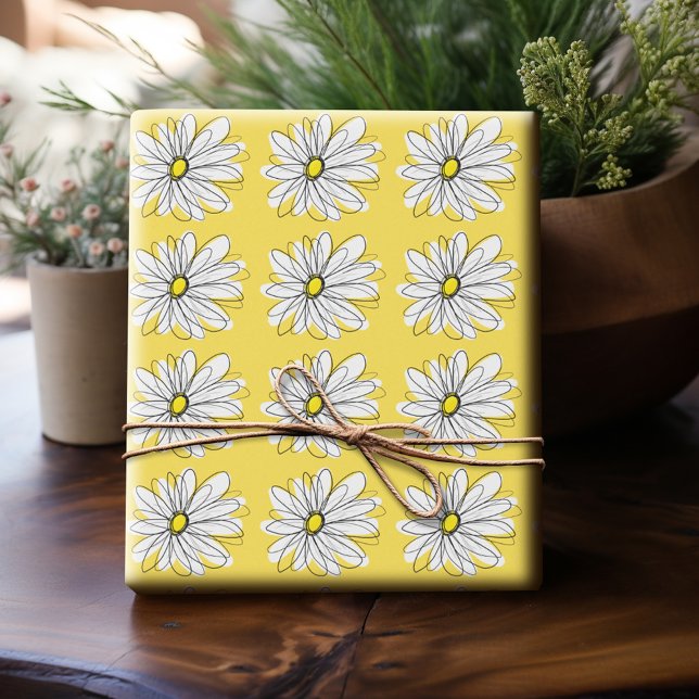 Yellow and White Whimsical Daisy with Custom Text Wrapping Paper (Personalized Wrapping Paper)