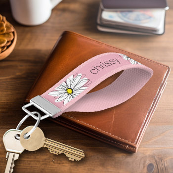 Yellow And White Whimsical Daisy With Custom Text Wrist Keychain by MarshEnterprises at Zazzle