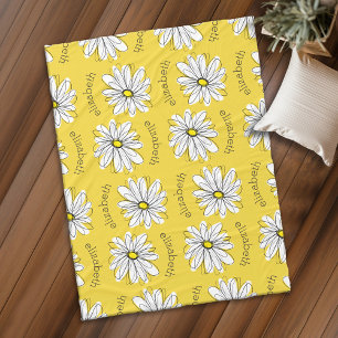 Yellow and White Whimsical Daisy with Name Fleece Blanket