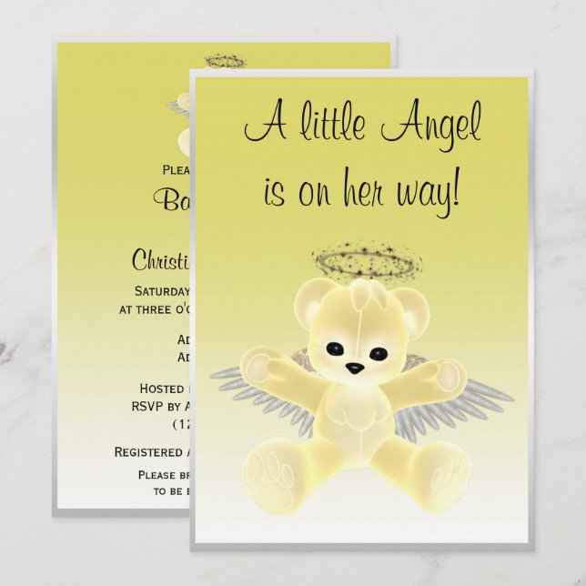 Yellow Angel Teddy Bear Baby Shower Invitation (Front/Back)