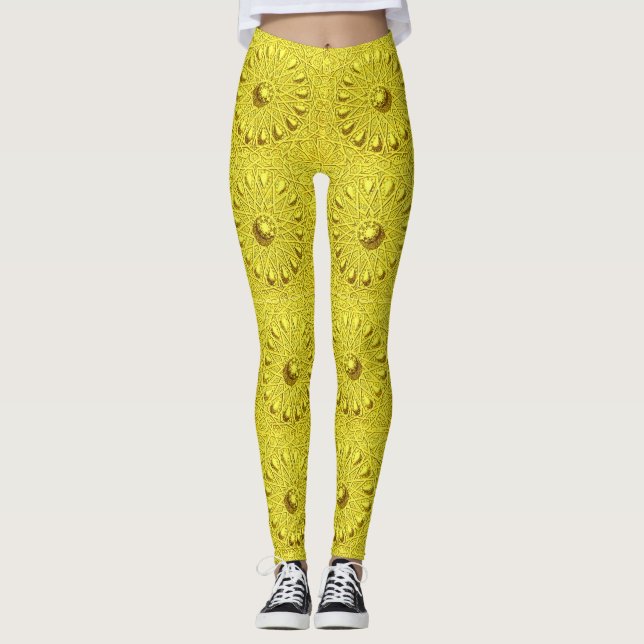 yellow antique abstract flowers print leggings (Front)