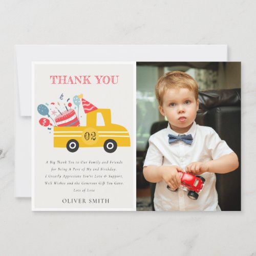 Yellow Any Age Birthday Party Cake Truck Photo Thank You Card