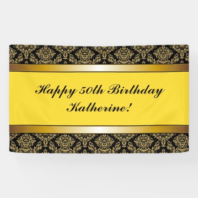 Yellow Any Age Gold Damask Birthday Banner (Horizontal)