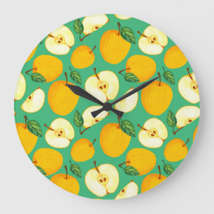 Yellow Apple: Juicy Watercolor Pattern. Large Clock