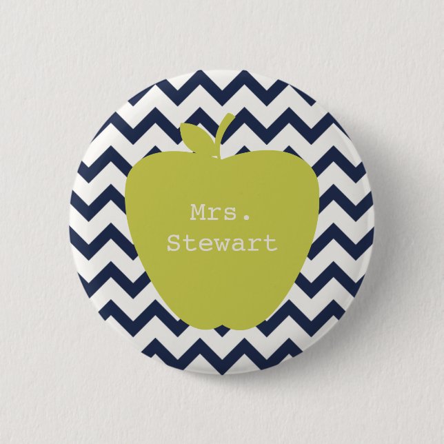 Yellow Apple & Navy Chevron Teacher Pinback Button (Front)