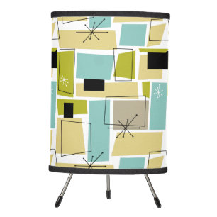 Yellow Aqua Blue Abstract Squares Mid Century Tripod Lamp