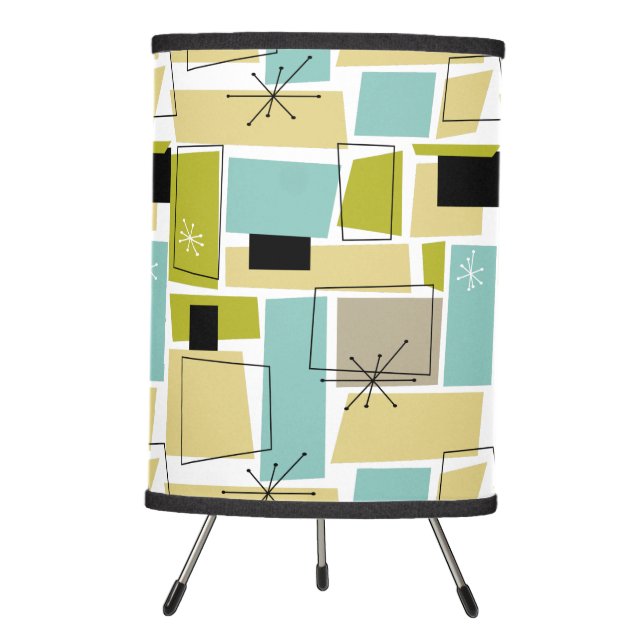 Yellow Aqua Blue Abstract Squares Mid Century Tripod Lamp (Front)