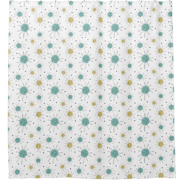 Yellow Aqua Blue Franciscan Starburst Mid Century Shower Curtain (Front)