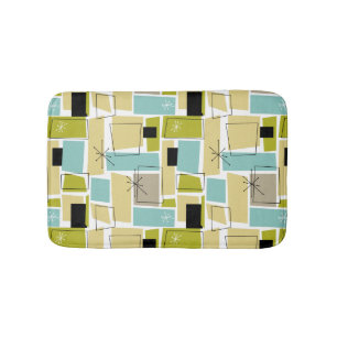 Yellow Aqua Blue Green Funky Squares Mid Century Bath Mat