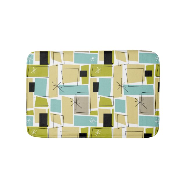 Yellow Aqua Blue Green Funky Squares Mid Century Bath Mat (Front)