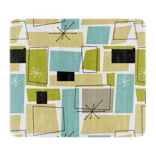 Yellow Aqua Blue Squares Starburst Mid Century Cutting Board