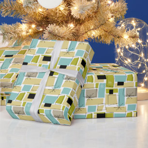 Yellow Aqua Blue Squares Starburst Mid Century Wrapping Paper