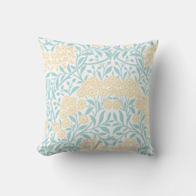 Yellow Aqua Floral Damask Pattern Throw Pillow (Front)