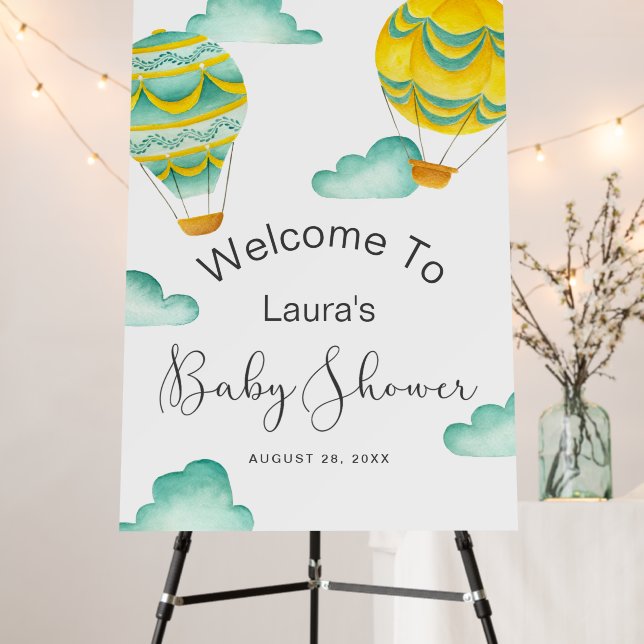 Yellow Aqua Hot Air Balloons Baby Shower Welcome Foam Board (In Situ (Stand))