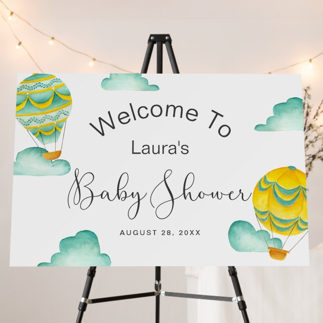 Yellow Aqua Hot Air Balloons Baby Shower Welcome Foam Board (In Situ (Stand))