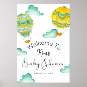 Yellow Aqua Hot Air Balloons Baby Shower Welcome Poster