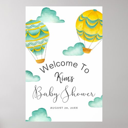 Yellow Aqua Hot Air Balloons Baby Shower Welcome Poster