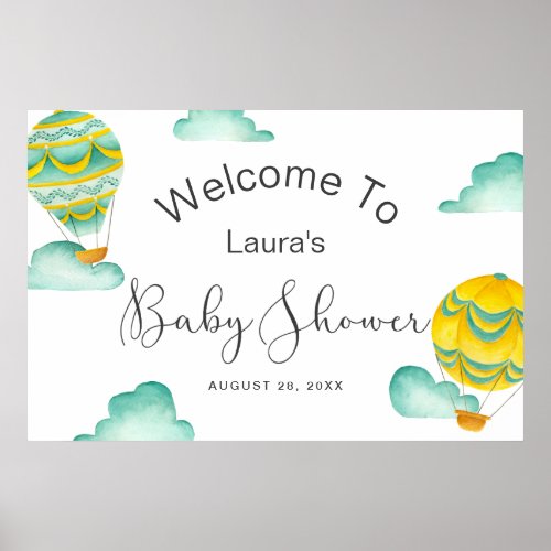 Yellow Aqua Hot Air Balloons Baby Shower Welcome Poster