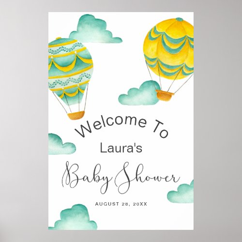 Yellow Aqua Hot Air Balloons Baby Shower Welcome Poster