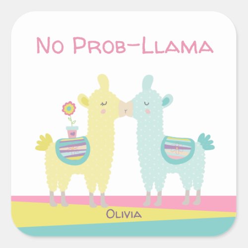 Yellow aqua llama kissing cute kawaii girly school square sticker