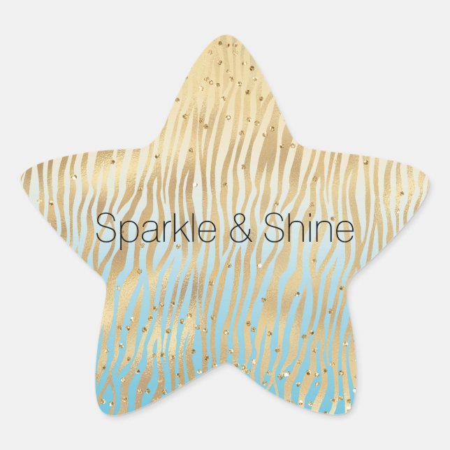 Yellow Aqua Ombre Gold Sparkle Zebra Print   Star Sticker (Front)