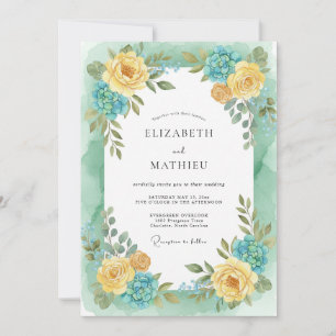 Yellow Aqua Peony Wedding Invitation