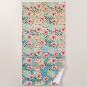 Yellow Aqua Pink Peach Hibiscus Floral Beach Towel