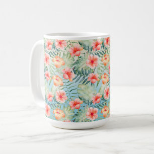 Yellow Aqua Pink Peach Hibiscus Floral Coffee Mug