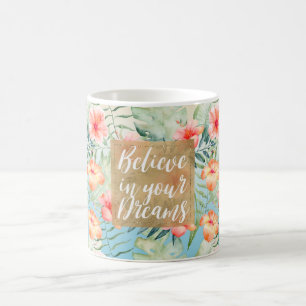 Yellow Aqua Pink Peach Hibiscus Floral Gold Dream Coffee Mug