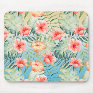 Yellow Aqua Pink Peach Hibiscus Floral Mouse Pad