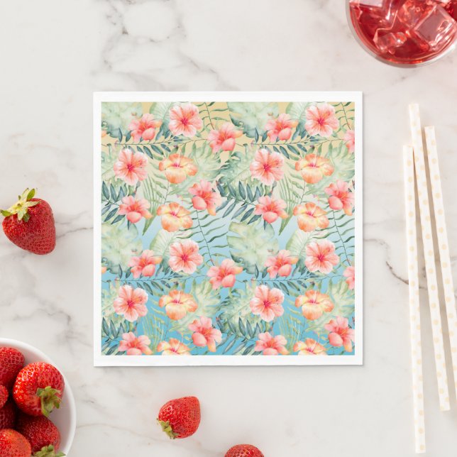  Yellow Aqua Pink Peach Hibiscus Floral           Napkins (Insitu)