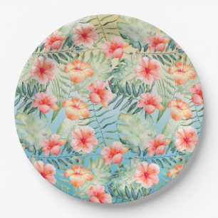  Yellow Aqua Pink Peach Hibiscus Floral        Paper Plates