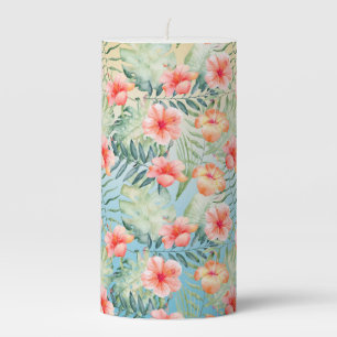 Yellow Aqua Pink Peach Hibiscus Floral Pillar Candle