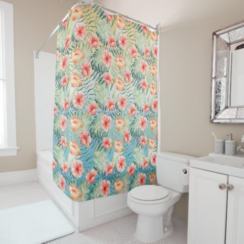  Yellow Aqua Pink Peach Hibiscus Floral    Shower Curtain