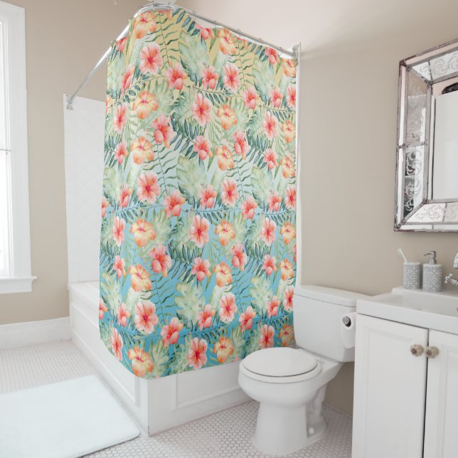  Yellow Aqua Pink Peach Hibiscus Floral    Shower Curtain (In Situ)