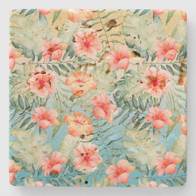  Yellow Aqua Pink Peach Hibiscus Floral  Stone Coaster (Front)