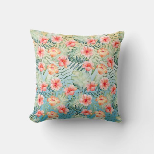  Yellow Aqua Pink Peach Hibiscus Floral     Throw Pillow