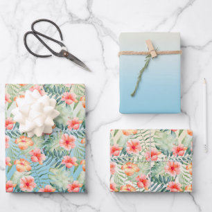 Yellow Aqua Pink Peach Hibiscus Floral Wrapping Paper Sheets