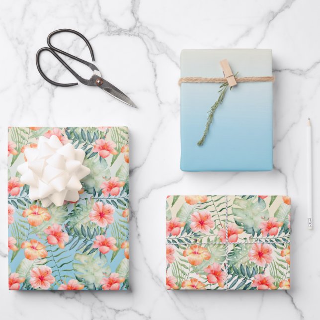  Yellow Aqua Pink Peach Hibiscus Floral       Wrapping Paper Sheets (Front)