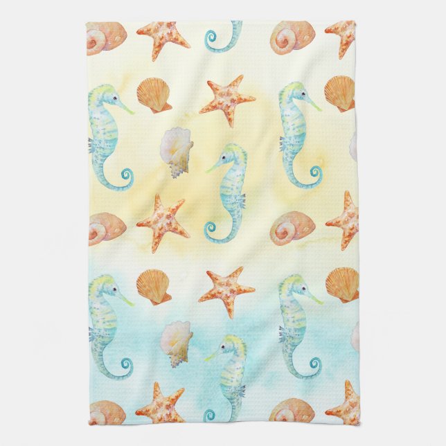 Yellow Aqua Seahorse Starfish Shells Beach Kitchen Towel (Vertical)