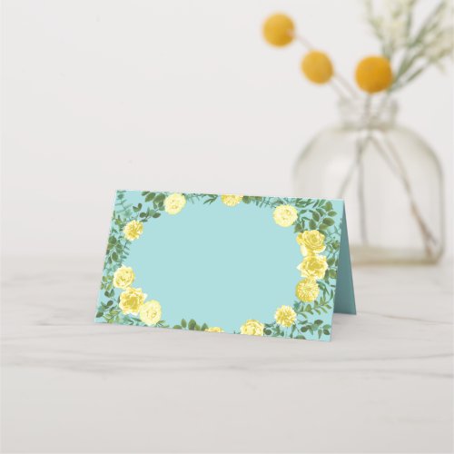 Yellow  Aqua Vintage Spring Floral Wedding Place Card