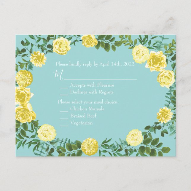 Yellow & Aqua Vintage Spring Floral Wedding Postcard (Front)