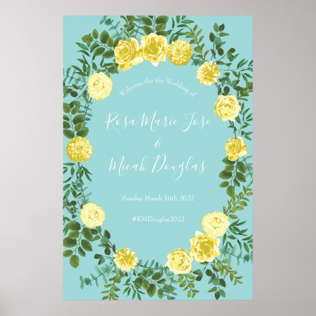 Yellow & Aqua Vintage Spring Floral Wedding Poster (Front)