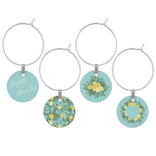 Yellow  Aqua Vintage Spring Floral Wedding Wine Charm