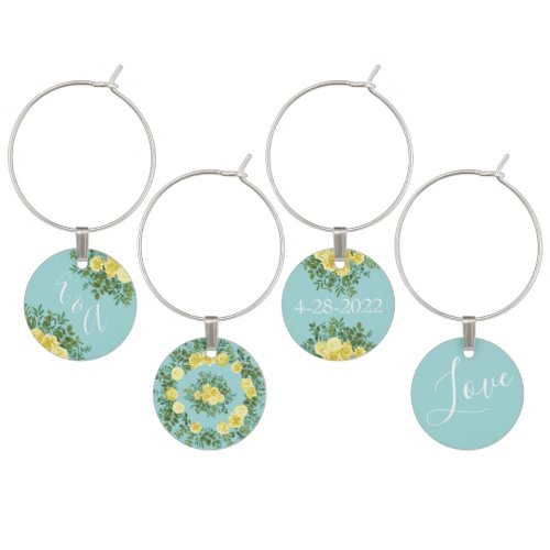 Yellow  Aqua Vintage Spring Floral Wedding Wine Charm