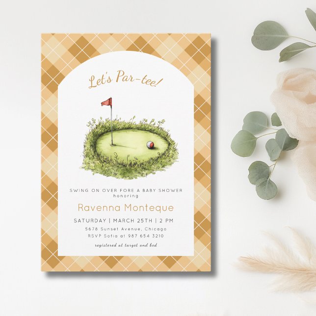 Yellow Argyle Golf Hole Lets Par Tee Baby Shower Invitation (Creator Uploaded)