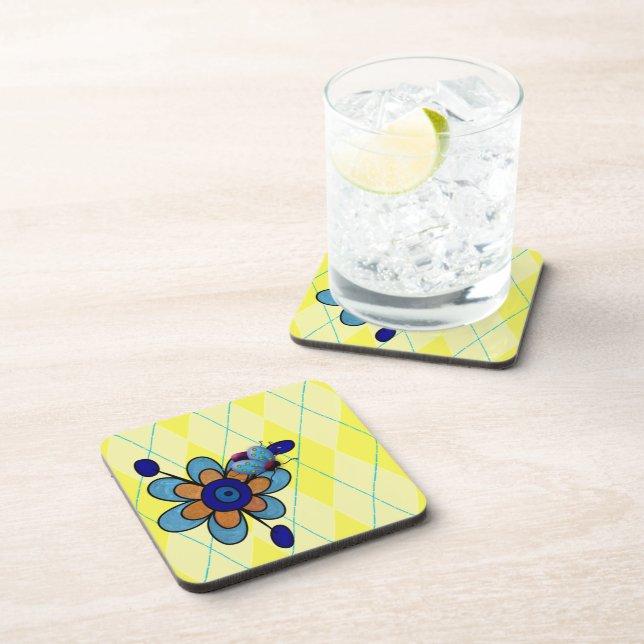 Yellow Argyle Ladybug & Flower Beverage Coaster (Right Side)