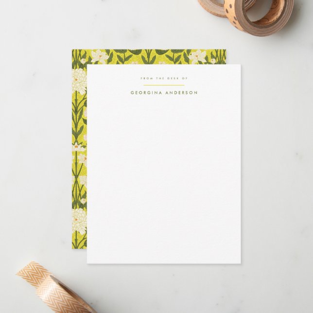 Yellow Art Nouveau Floral Personal Stationery Note Card (Front/Back In Situ)
